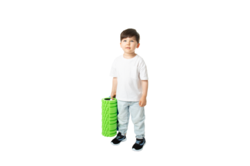 Boy Holding Foam Rollers, PNG, isolated on transparent Background