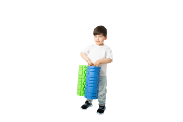 Boy Holding Foam Rollers, PNG, isolated on transparent Background