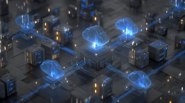 An isometric digital landscape depicts interconnected server structures illuminated by glowing blue cloud formations, symbolizing data networks and futuristic technology.