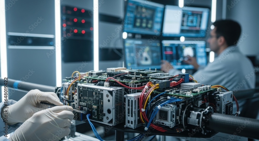 Poster closeup of military drone avionics being tested in a secure final integration lab with technicians m