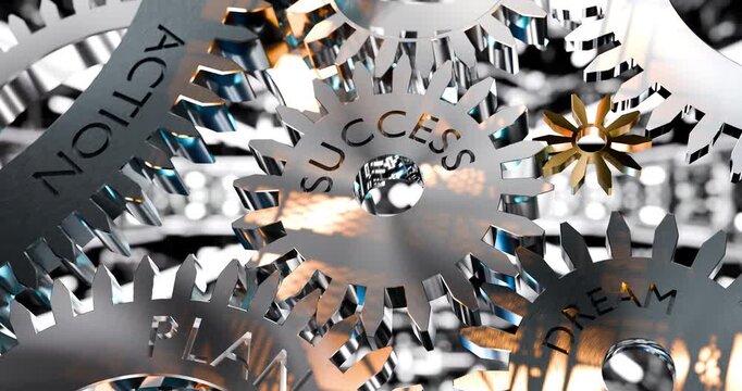 rotating gears with inscriptions: dream, plan, action, success, concept of achievement in business, personal growth, team victory