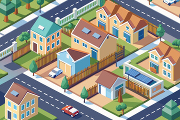 Fototapeta premium Isometric urban buildings, a vector illustration of a city street with houses, apartments, and commercial architecture
