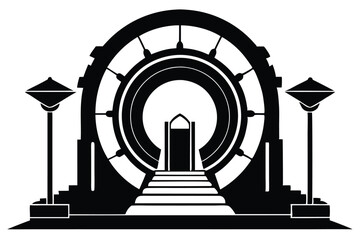 Black Silhouette of a Fantasy Stargate with Steps and Two Decorative Lamps on the Sides
