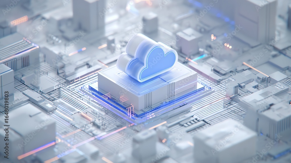 Fototapete an abstract, isometric representation depicts a glowing cloud form positioned above a complex networ