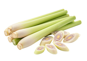 Fresh lemongrass stalks and slices on transparent background culinary ingredient