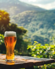 glass of amber beer with foam placed on a picnic table