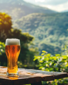 glass of amber beer with foam placed on a picnic table