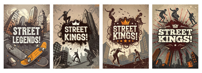 Dynamic street art showcasing skateboarders in an urban setting, exuding an energetic and youthful vibe.