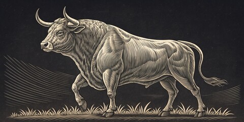 Engraved Bull Illustration Detailed Hatching on Dark Background, Farm animal , livestock