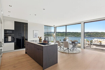 Modern luxury kitchen interior in minimal scandinavian style, 3d render
