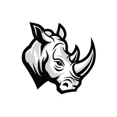 Obraz premium Aggressive rhinoceros head mascot logo in a bold black and white vector style for a sports team or emblem