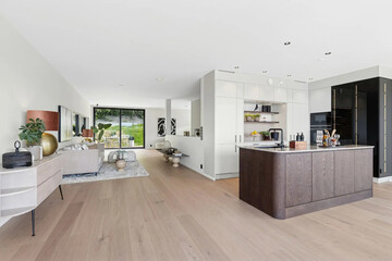Modern luxury kitchen interior in minimal scandinavian style, 3d render
