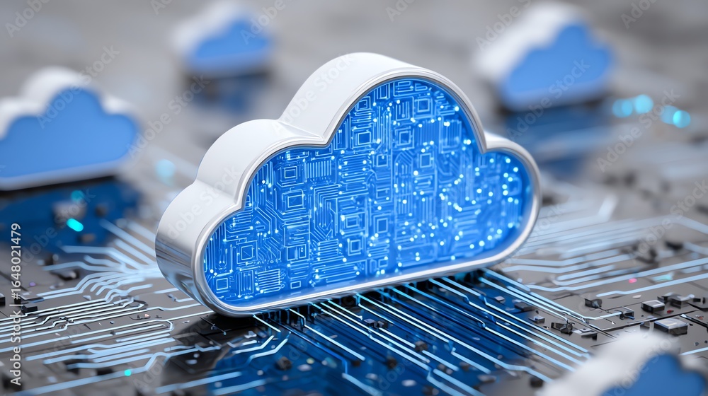 Poster a luminous cloud form, intricately detailed with glowing circuitry, rests upon a complex network of 
