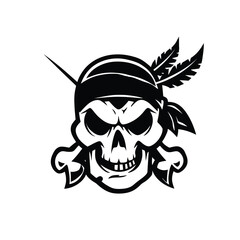 Monochrome vector illustration of a fierce pirate skull and crossbones emblem, a classic Jolly Roger symbol of rebellion and high seas adventure