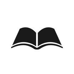 Minimalist black silhouette of an open book, a clean graphic icon representing knowledge, education, and learning. Ideal for designs related to reading, literature, and academic studies