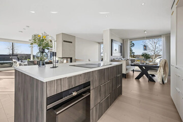 Modern luxury kitchen interior in minimal scandinavian style, 3d render