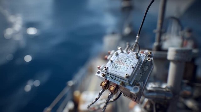 Close medium shot of a cuttingedge quantum magnetometer unit in clear detail connected to a frigate via tow cable with the ships silhouette and horizon rendered out of focus.