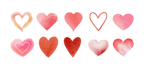 Watercolor hearts, love painted heart shapes