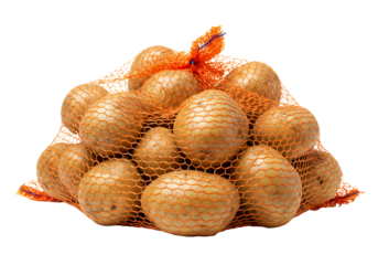 Fresh potatoes in orange mesh bag on transparent background healthy food