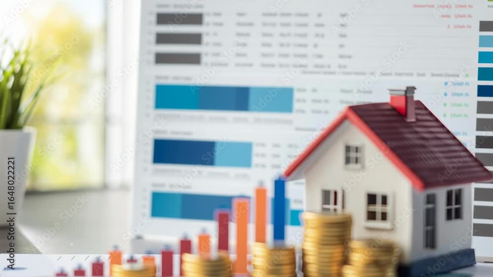 Poster a house with a stack of gold coins on top of it. the coins are arranged in a pyramid shape, with the