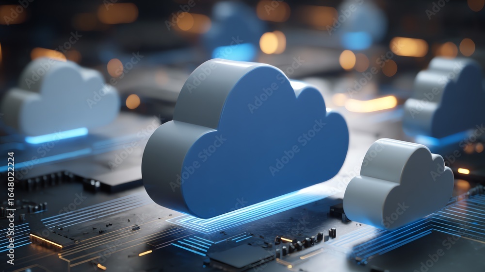 Aufkleber a digitally rendered composition showcases stylized cloud forms resting upon a complex circuit board
