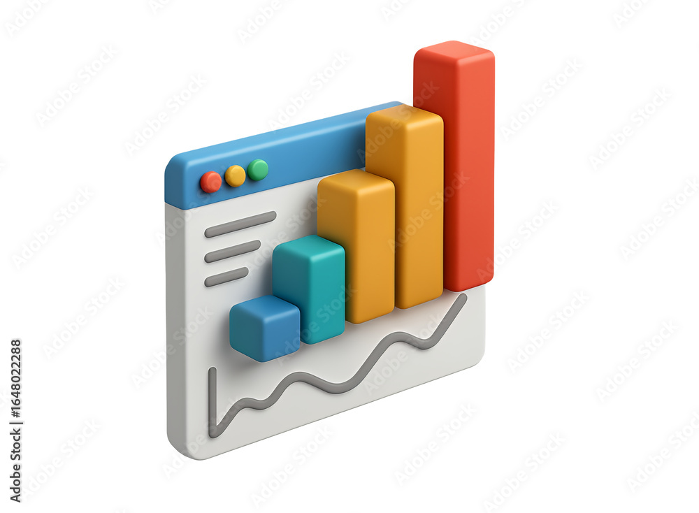 Poster 3d illustration of a financial analytics dashboard with a rising bar chart and trend line on a white