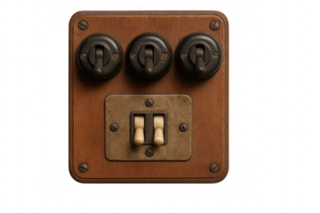 Old wooden light switch panel with five bakelite and porcelain switches on transparent background