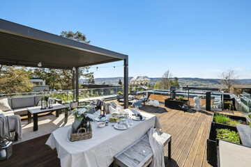 Exterior design of house, home and villa feature swimming pool, garden, terrace and decking, ocean...