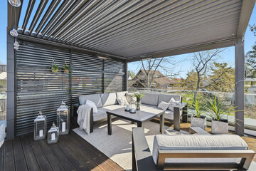 Exterior design of house, home and villa feature swimming pool, garden, terrace and decking, ocean...