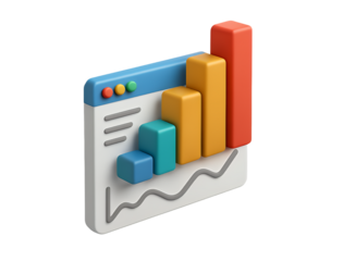 3d illustration of a financial analytics dashboard with a rising bar chart and trend line on a white interface isolated on transparent background