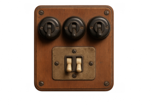 Old wooden light switch panel with five bakelite and porcelain switches on transparent background