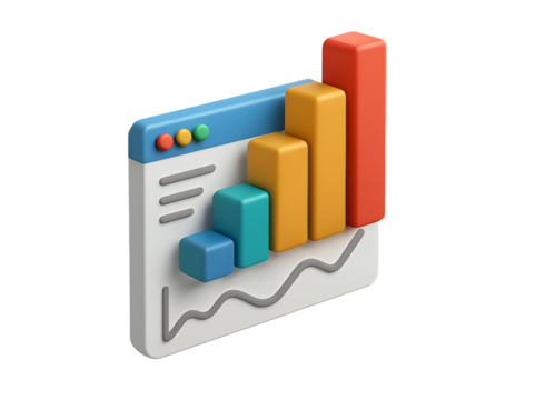 3d illustration of a financial analytics dashboard with a rising bar chart and trend line on a white interface isolated on transparent background