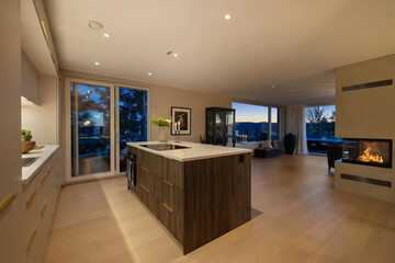 Modern luxury kitchen interior in minimal scandinavian style, 3d render
