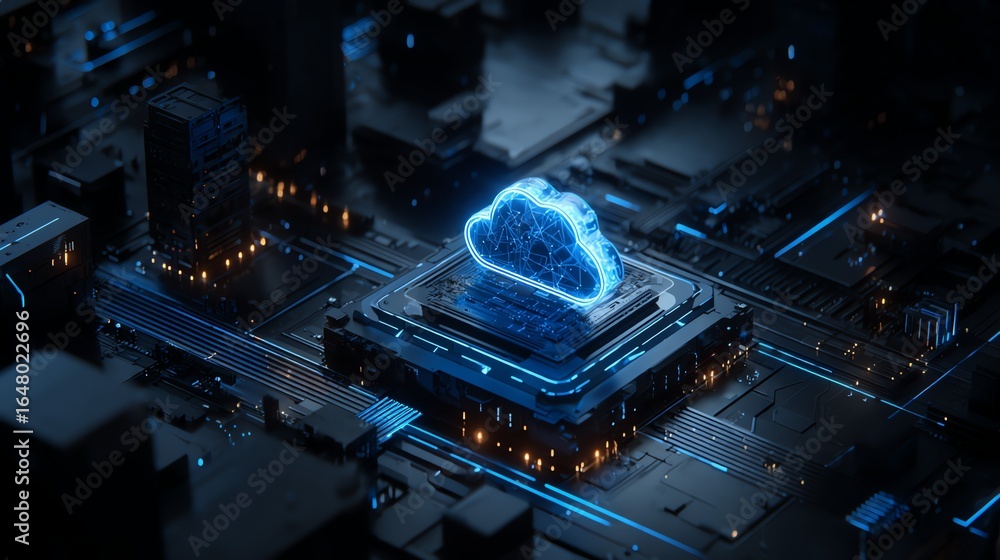 Aufkleber a glowing, digital cloud formation rests atop a complex network of circuitry, symbolizing data proce