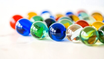 Colorful glass marbles on white surface