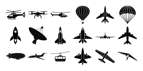 Vector illustration collection of various flying transport vehicles including airplanes helicopters hot air balloons drones airships and gliders in different styles colors and designs for travel.