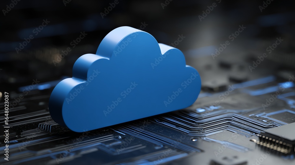 Poster a vibrant blue cloud symbol rests upon a complex network of circuit board pathways, representing the