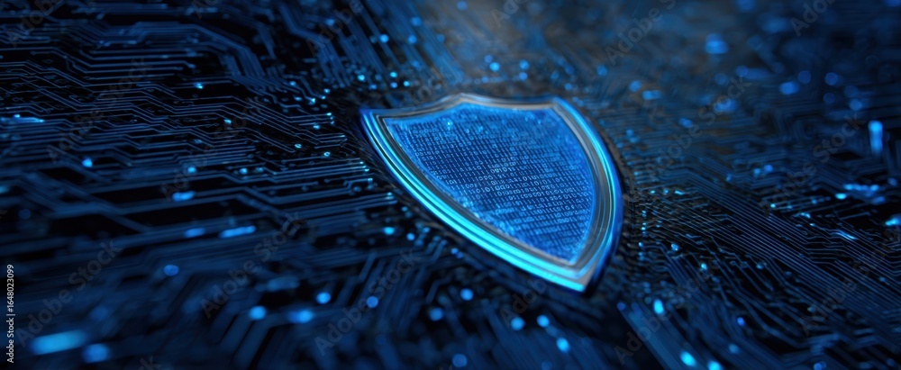 Poster the shield icon on futuristic circuit board representing cybersecurity and data protection