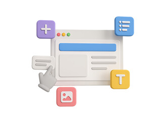 3d illustration of a digital interface with interactive elements like a cursor hand plus sign list image icon and text icon isolated on transparent background