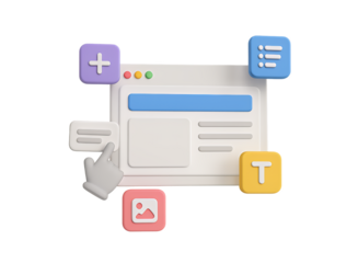 3d illustration of a digital interface with interactive elements like a cursor hand plus sign list image icon and text icon isolated on transparent background