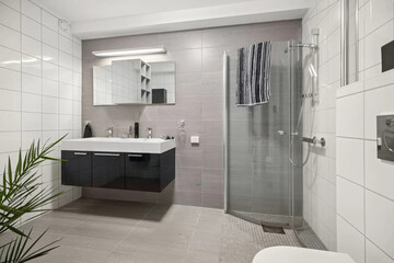 Modern bathroom interior in minimal scandinavian style, 3d render
