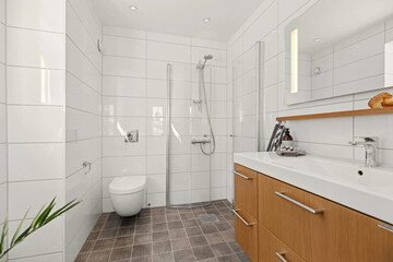 Modern bathroom interior in minimal scandinavian style, 3d render