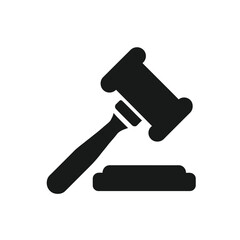 Simple black judge gavel icon. A flat vector graphic symbol representing law, justice, court decisions, and auction bidding.