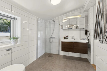 Modern bathroom interior in minimal scandinavian style, 3d render