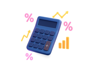 A blue calculator surrounded by financial symbols like percentage signs and upward trending graphs and bars representing financial growth and analysis isolated on transparent background