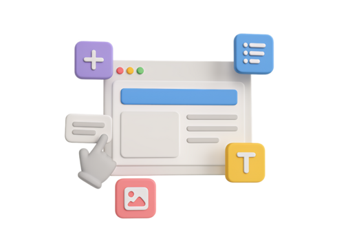 3d illustration of a digital interface with interactive elements like a cursor hand plus sign list image icon and text icon isolated on transparent background