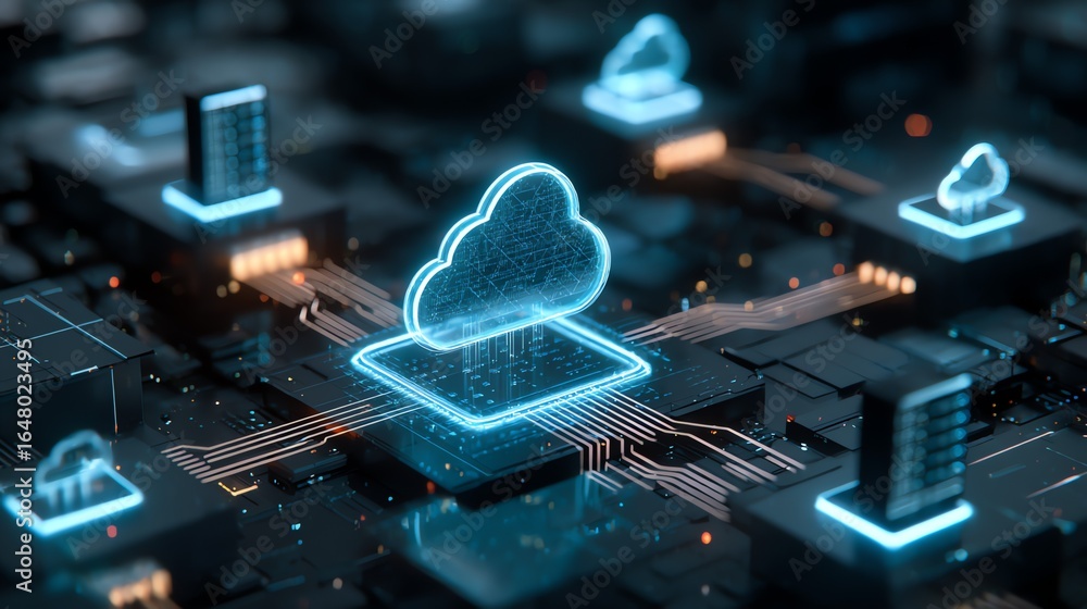 Aufkleber a glowing, abstract cloud formation hovers above a complex network of circuitry, representing digita