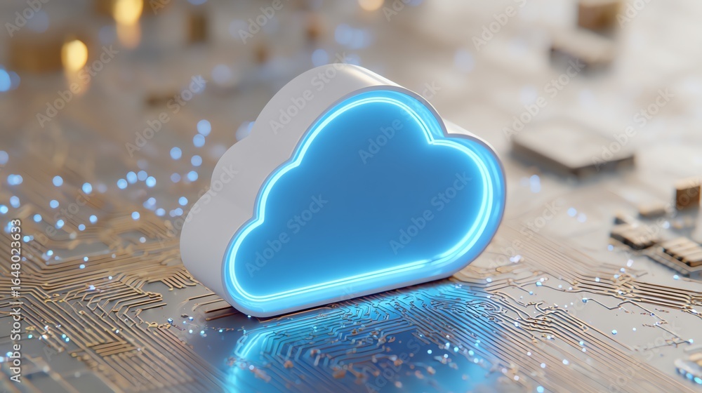 Aufkleber a luminous cloud form rests upon a complex network of circuitry, symbolizing digital storage and con