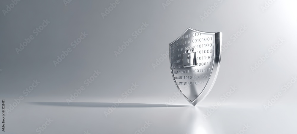 Poster the shield with padlock and binary code symbolizing digital data protection and cybersecurity