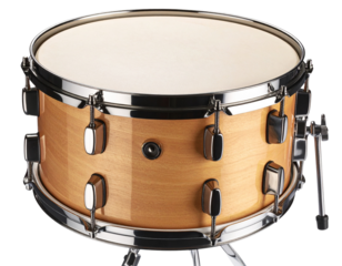 Snare Drum Angled View with Wooden Rim and Tension Rods Isolated on Transparent Background
